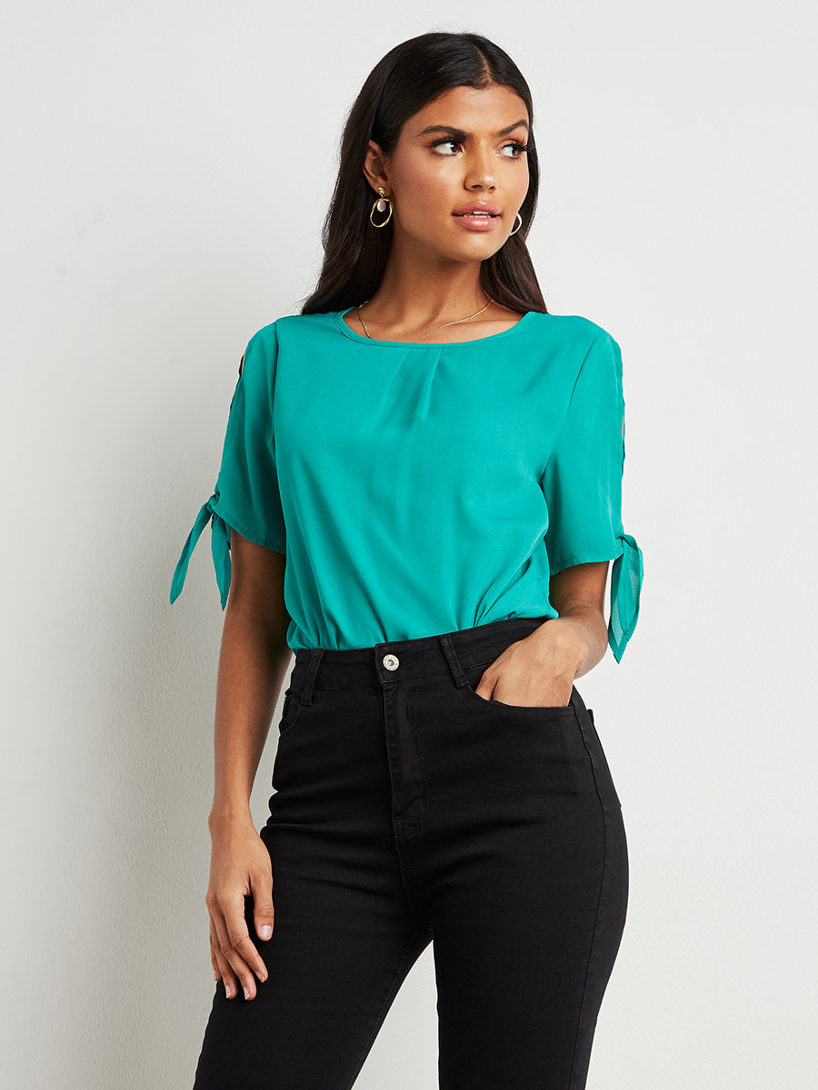 Styli Plain Tie Cuff Slit Sleeves Round Neck Top-women-clothing-shirtsandblouses-blouses-image-1