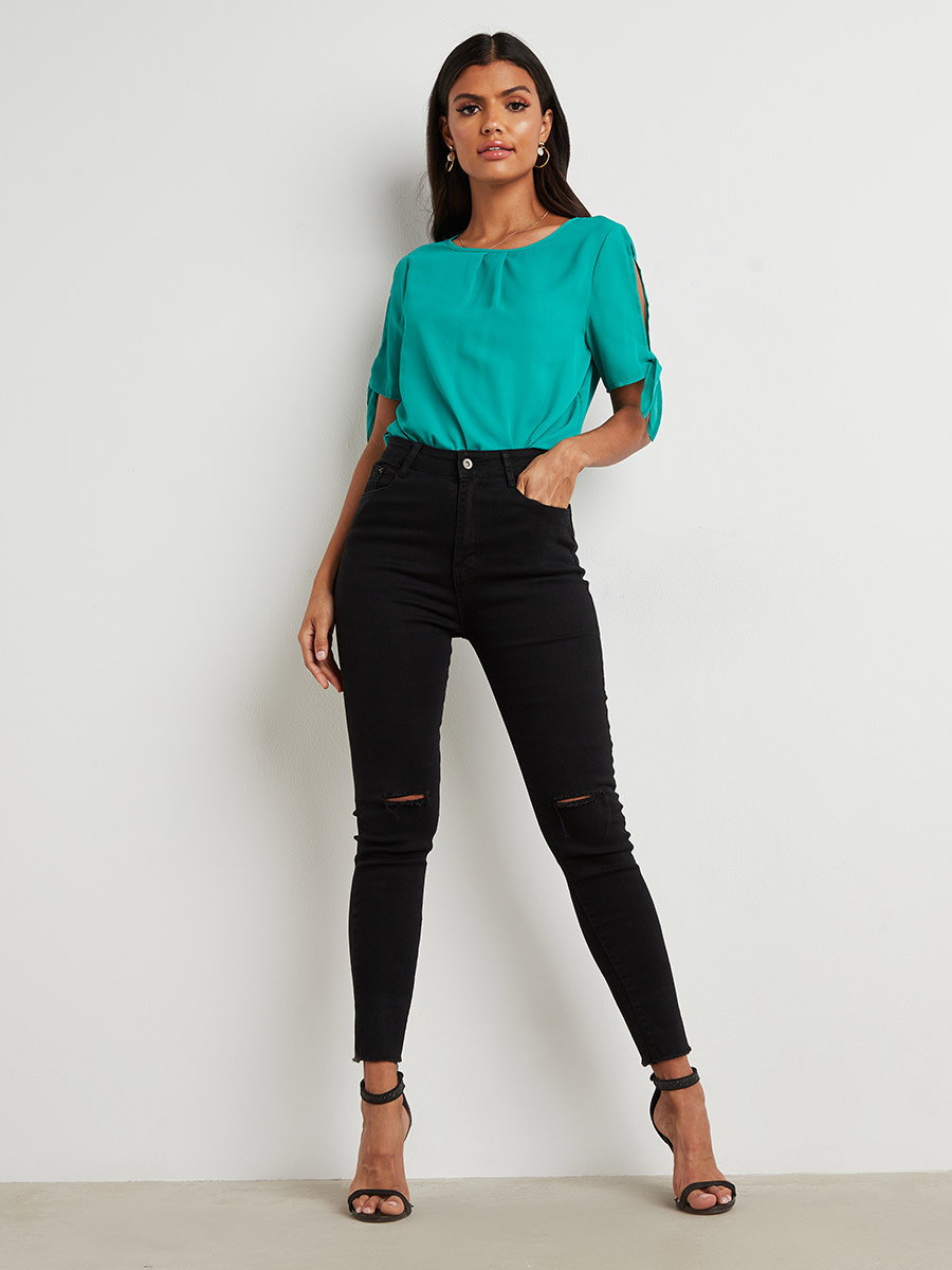 Styli Plain Tie Cuff Slit Sleeves Round Neck Top-women-clothing-shirtsandblouses-blouses-image-2