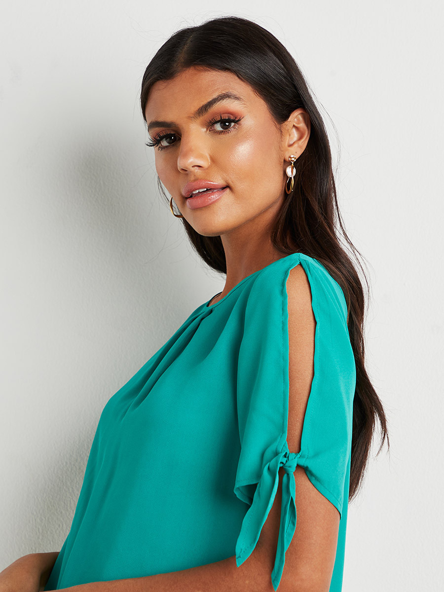 Styli Plain Tie Cuff Slit Sleeves Round Neck Top-women-clothing-shirtsandblouses-blouses-image-4
