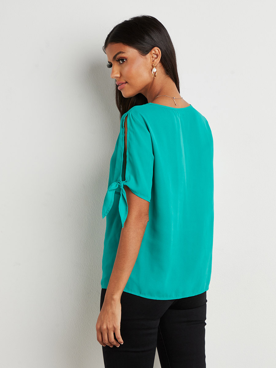 Styli Plain Tie Cuff Slit Sleeves Round Neck Top-women-clothing-shirtsandblouses-blouses-image-5