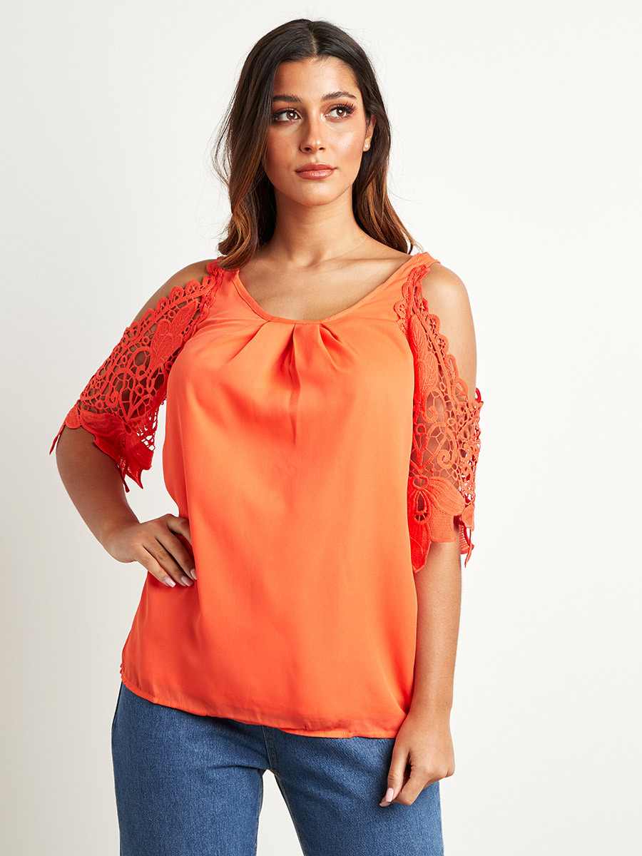 Styli Crochet Detail Cold Shoulder Sleeves Top-women-clothing-shirtsandblouses-blouses-image-2