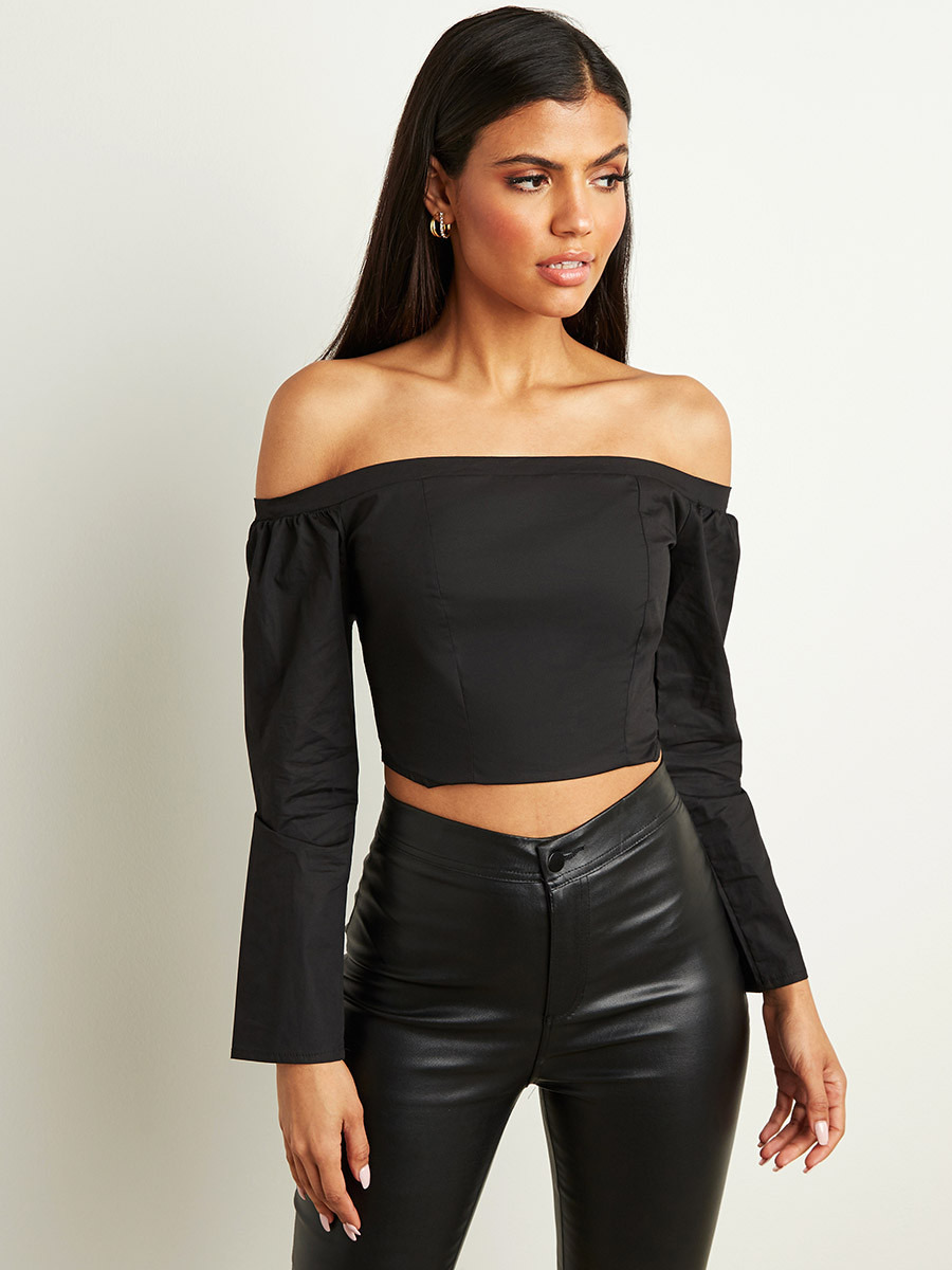بلوزة قصيرة بتصميم مشد مع أكمام طويلة من ستايلي-women-clothing-shirtsandblouses-blouses-image-1