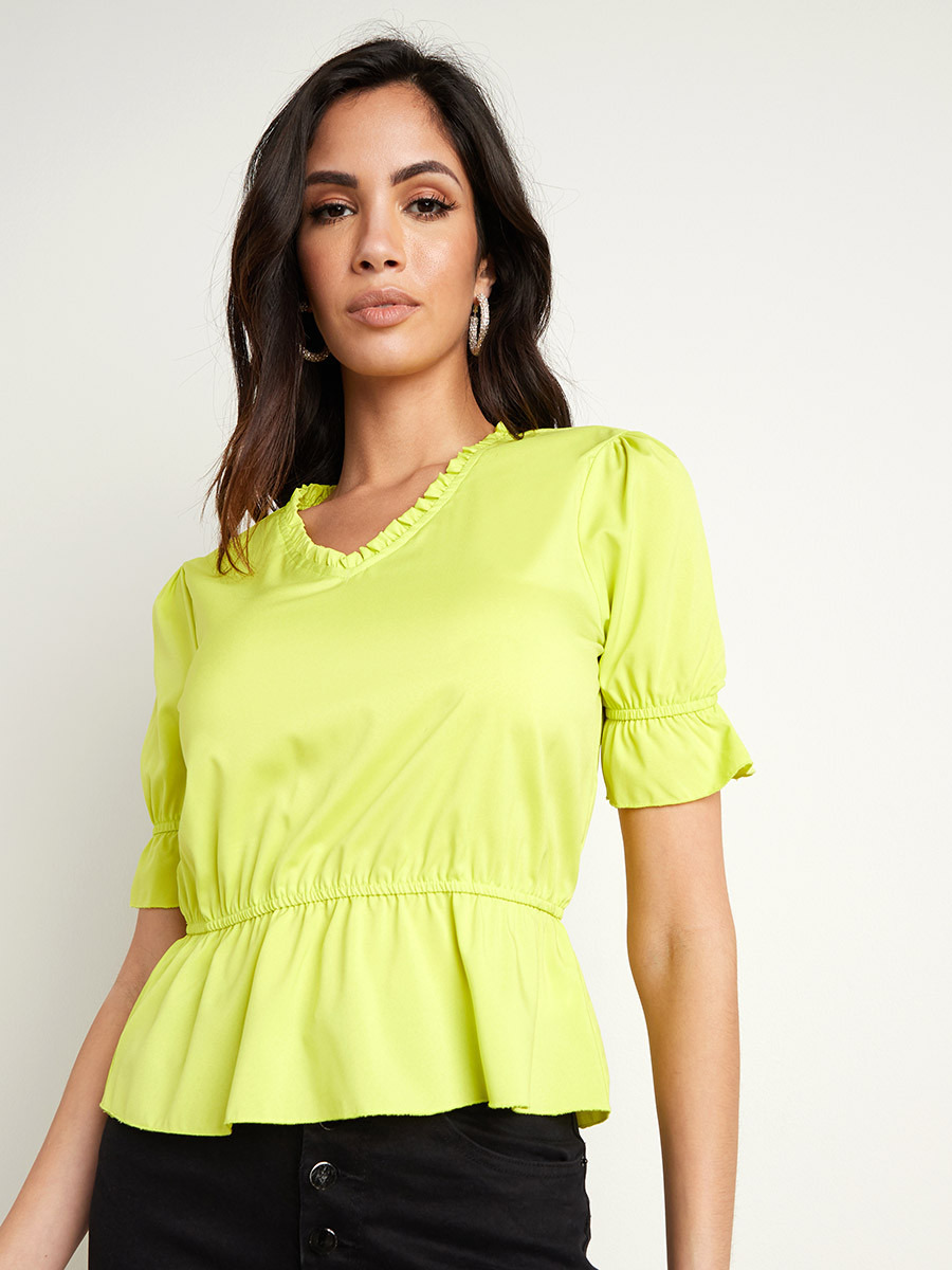 Styli Solid V Neck Elasticised Waist Top-women-clothing-shirtsandblouses-blouses-image-1