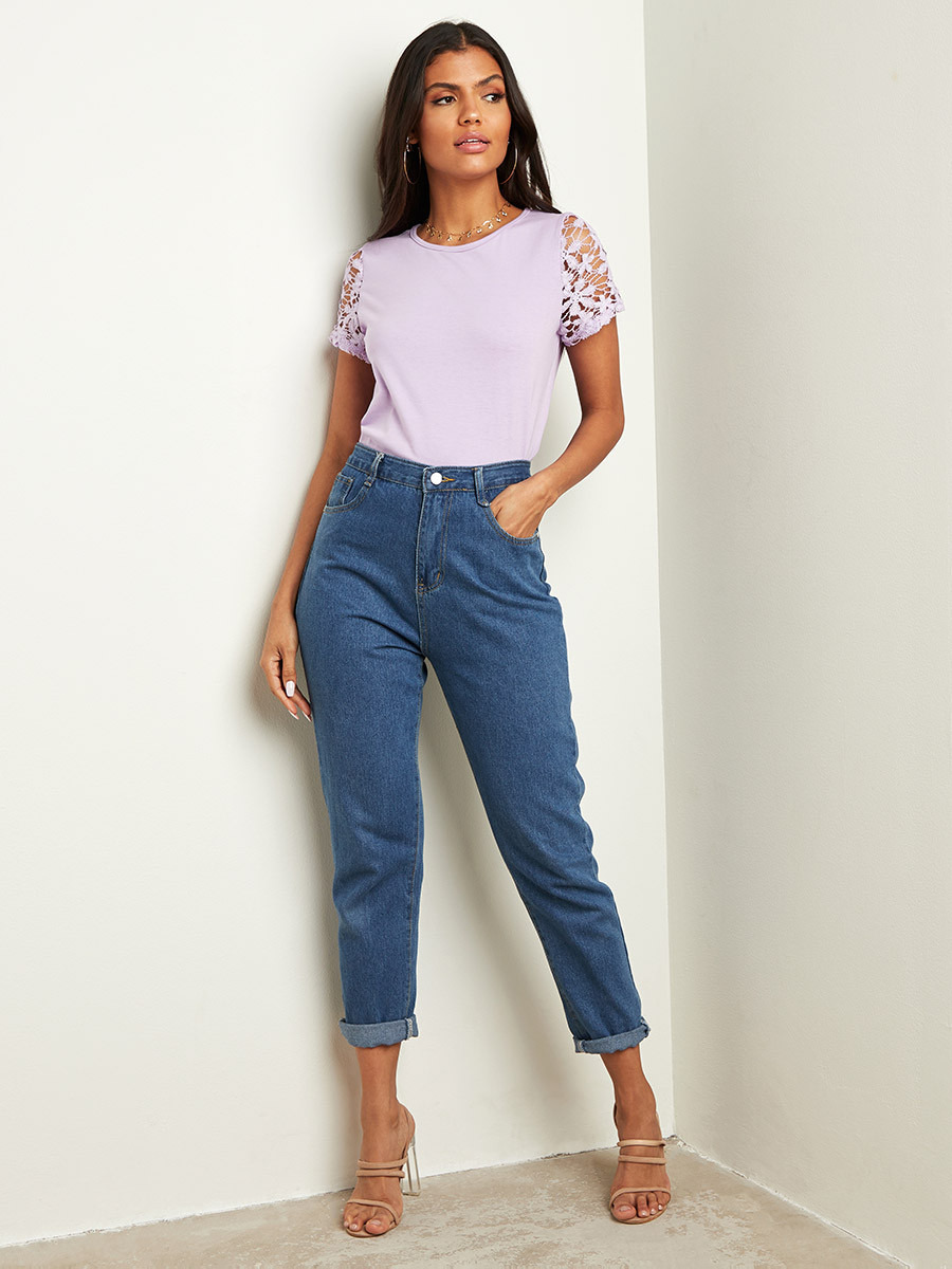 تيشيرت بقصة ضيقة وأكمام مطرزة من ستايلي-women-clothing-tshirts-image-2