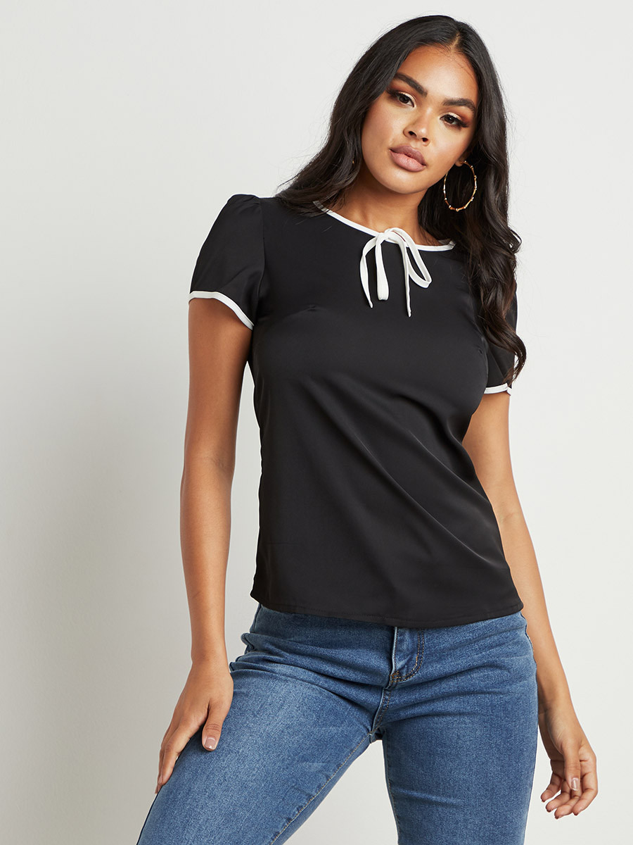 Styli Contrast Trim Tie Neck Detail Top-women-clothing-shirtsandblouses-blouses-image-2