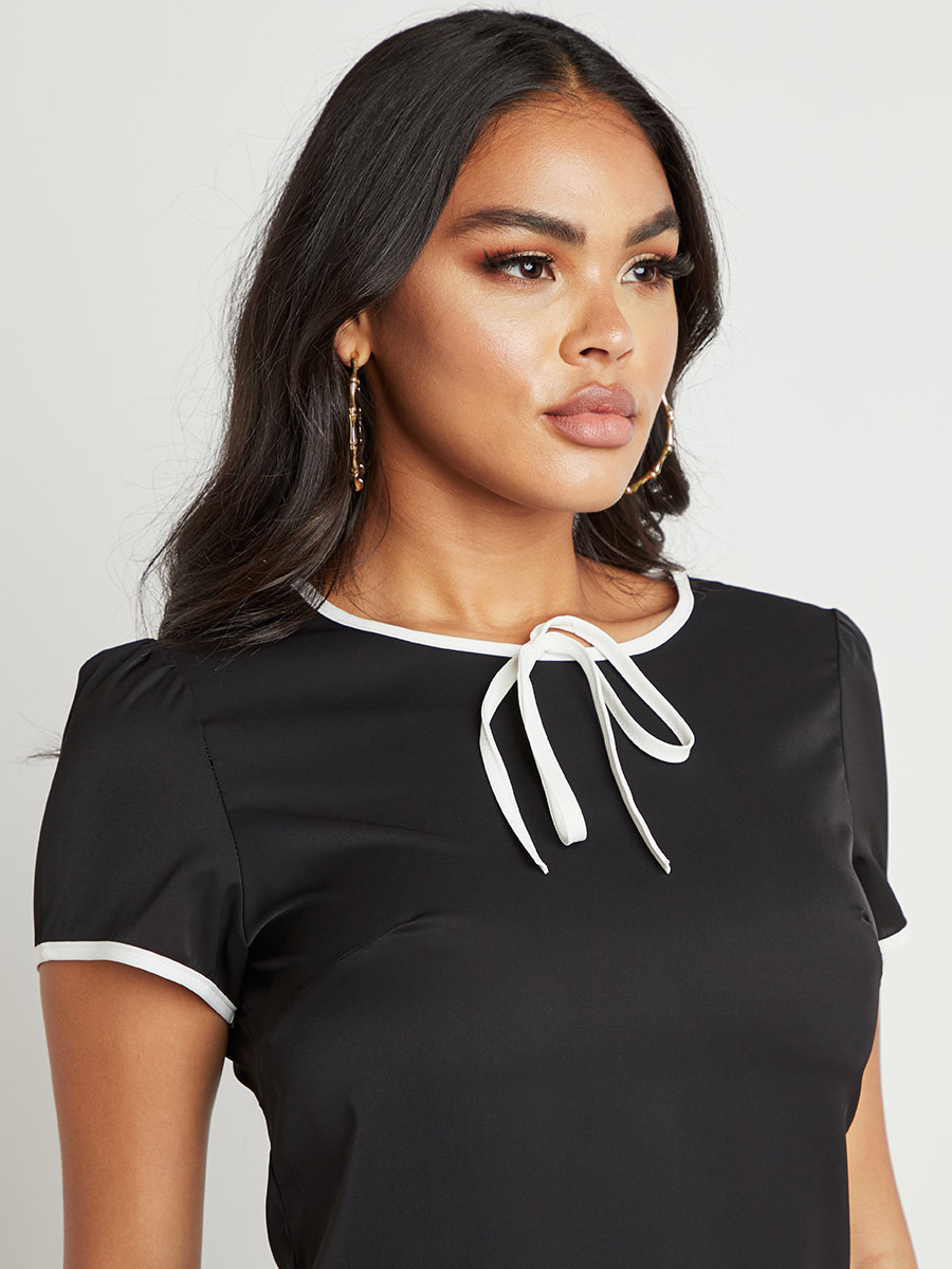Styli Contrast Trim Tie Neck Detail Top-women-clothing-shirtsandblouses-blouses-image-5