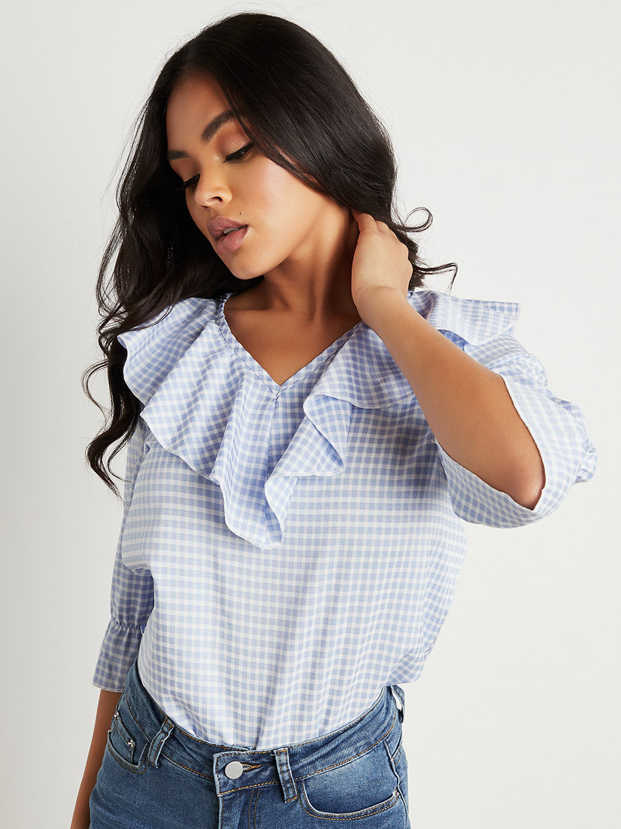 Styli Gingham Frill Detail V Neck Top-women-clothing-shirtsandblouses-blouses-image-1