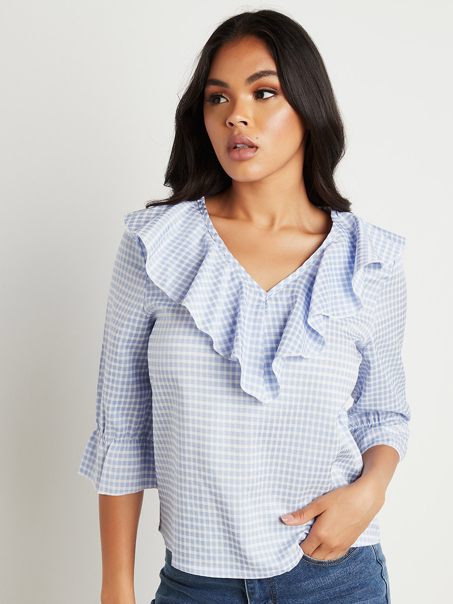 Styli Gingham Frill Detail V Neck Top-women-clothing-shirtsandblouses-blouses-image-2