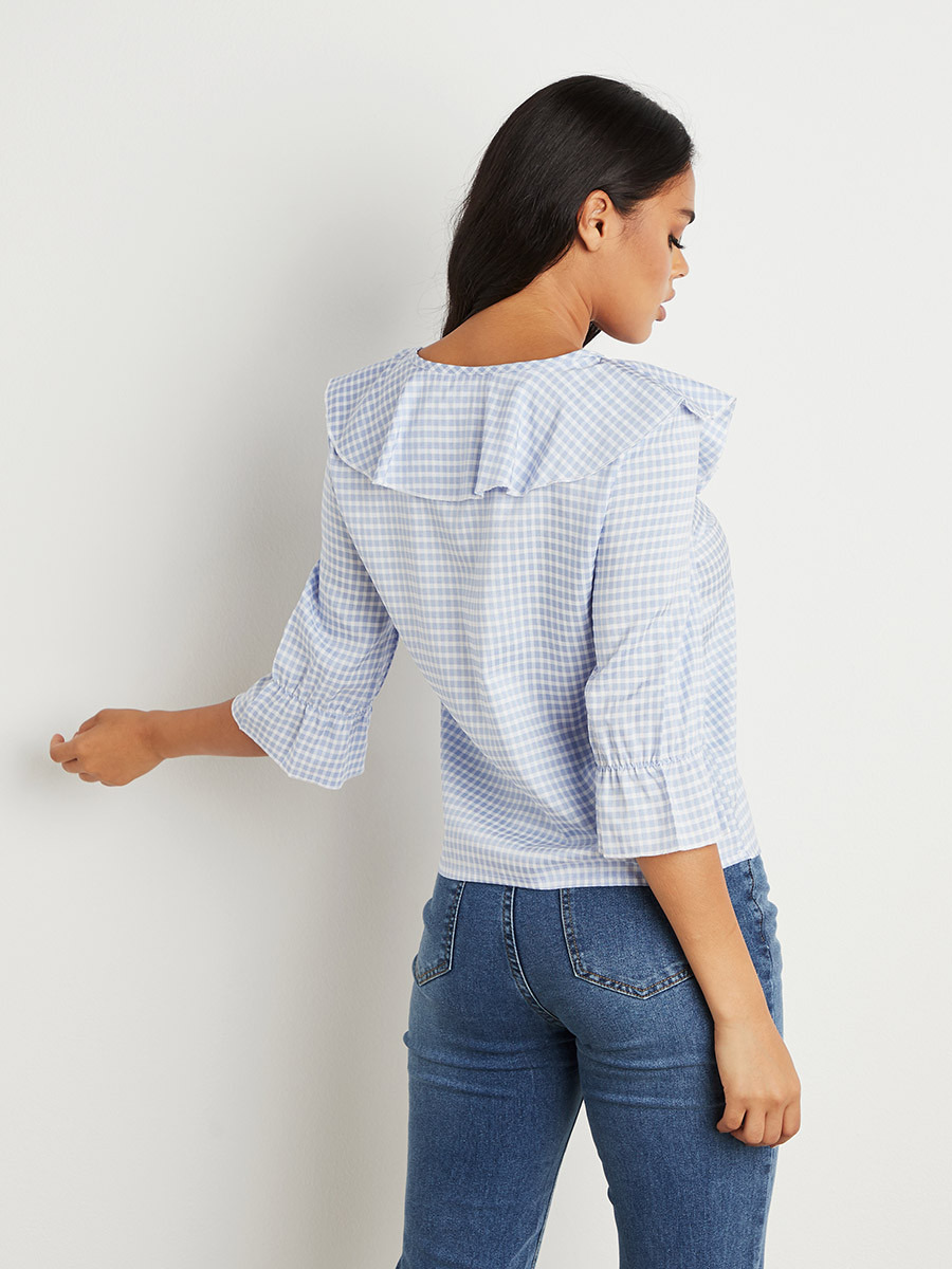 Styli Gingham Frill Detail V Neck Top-women-clothing-shirtsandblouses-blouses-image-3