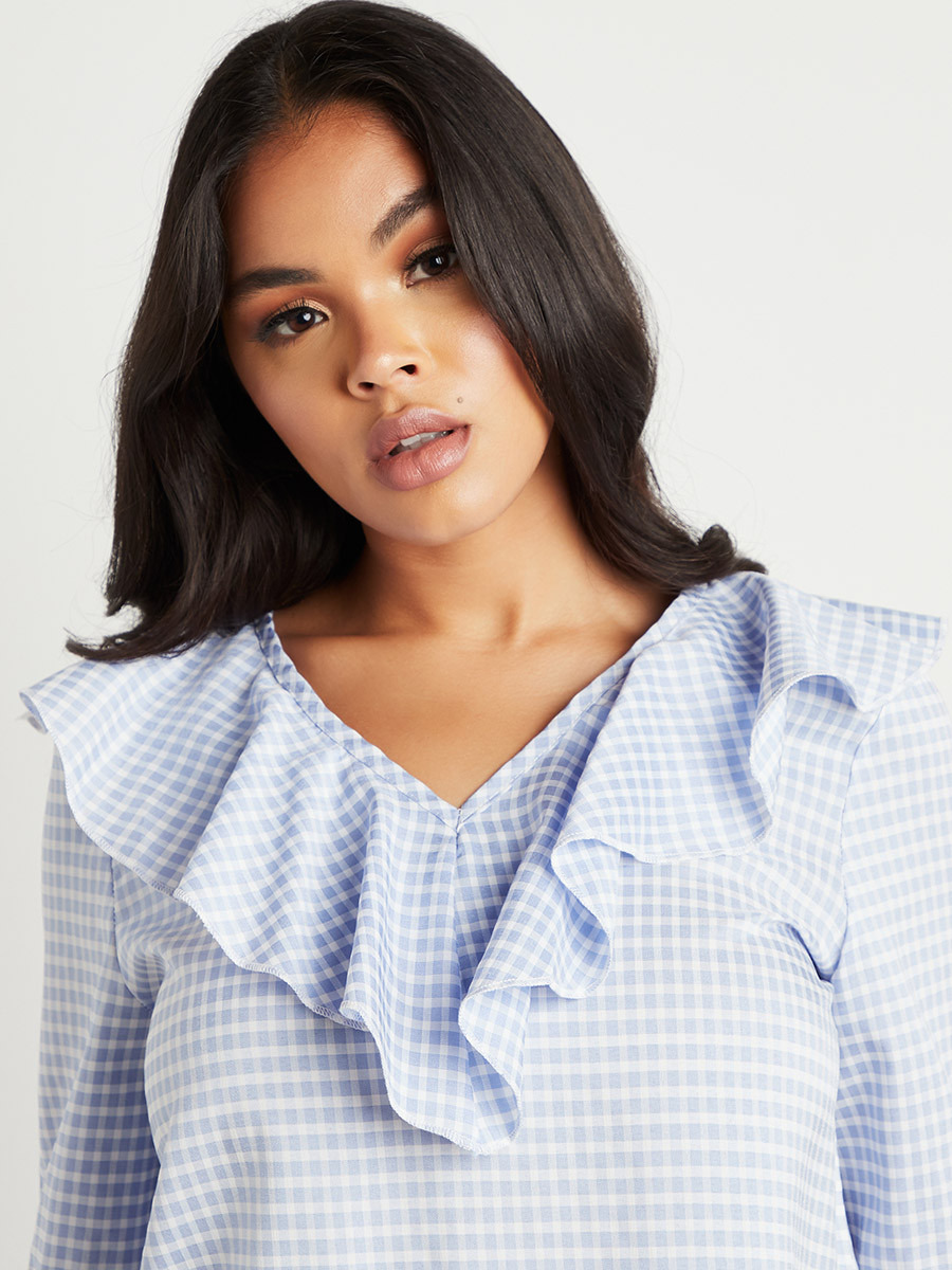 Styli Gingham Frill Detail V Neck Top-women-clothing-shirtsandblouses-blouses-image-4