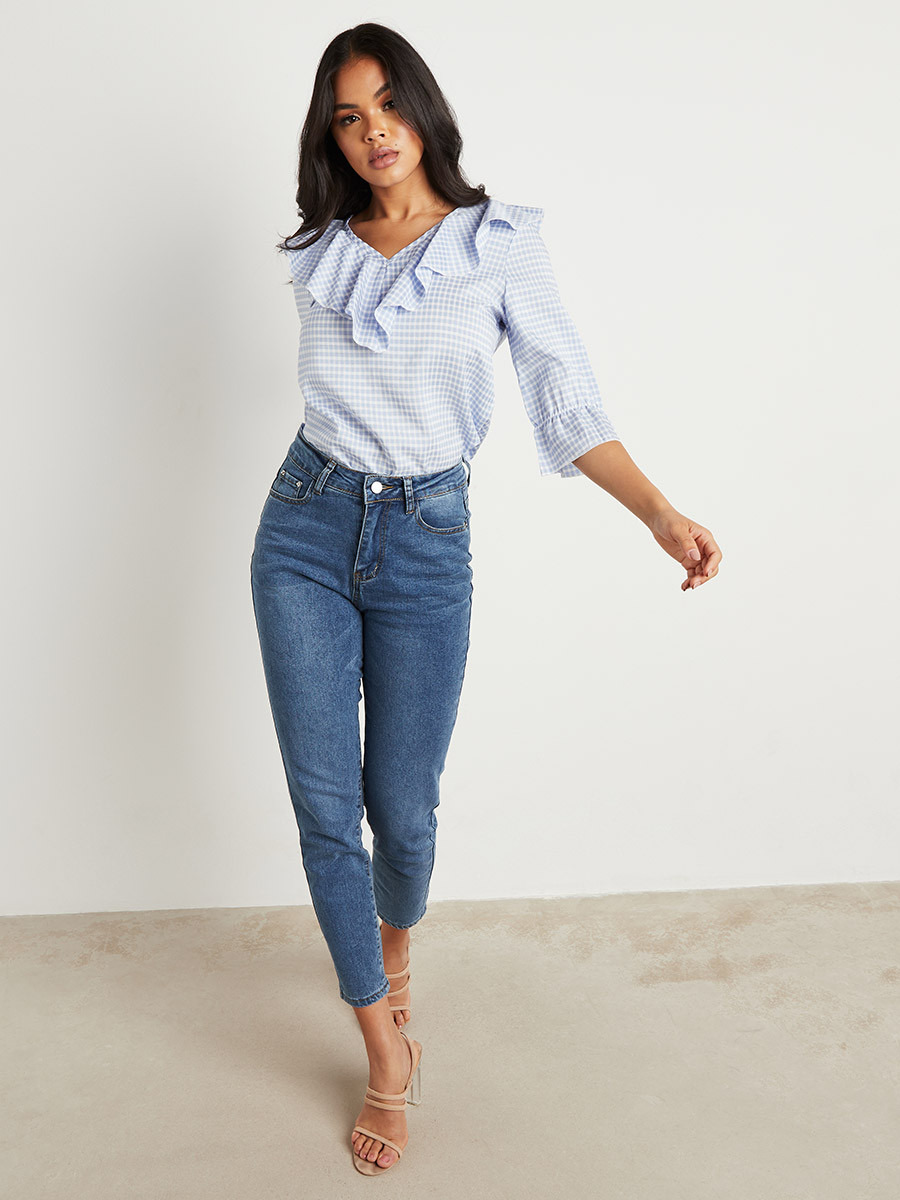 Styli Gingham Frill Detail V Neck Top-women-clothing-shirtsandblouses-blouses-image-5