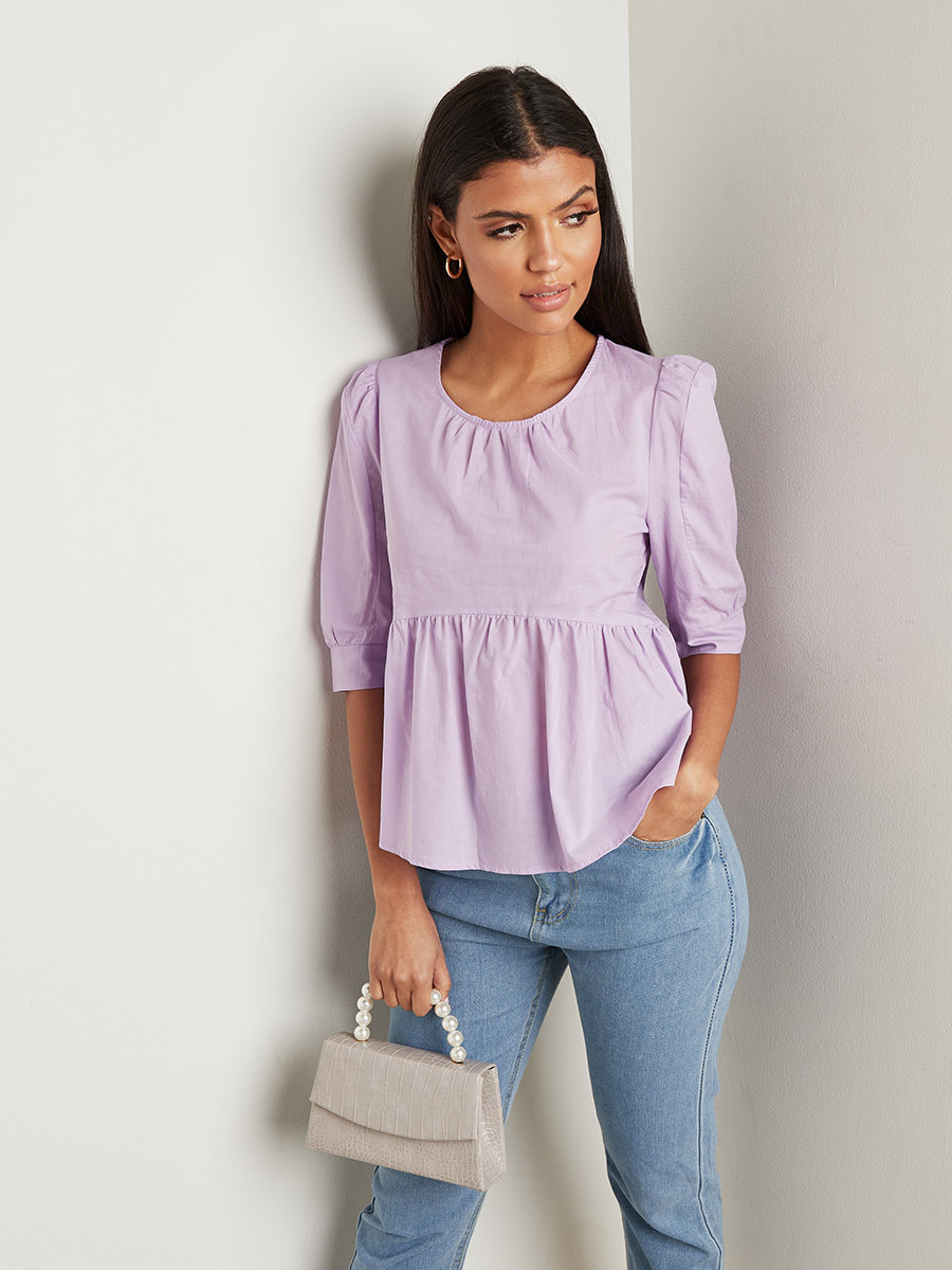 Styli Solid Gathered Detail Top with 3/4 Sleeves-women-clothing-shirtsandblouses-blouses-image-1