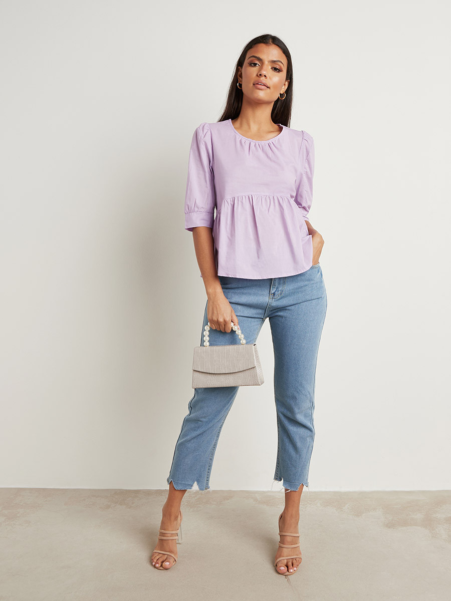 Styli Solid Gathered Detail Top with 3/4 Sleeves-women-clothing-shirtsandblouses-blouses-image-2