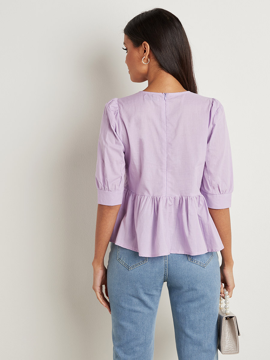 Styli Solid Gathered Detail Top with 3/4 Sleeves-women-clothing-shirtsandblouses-blouses-image-4