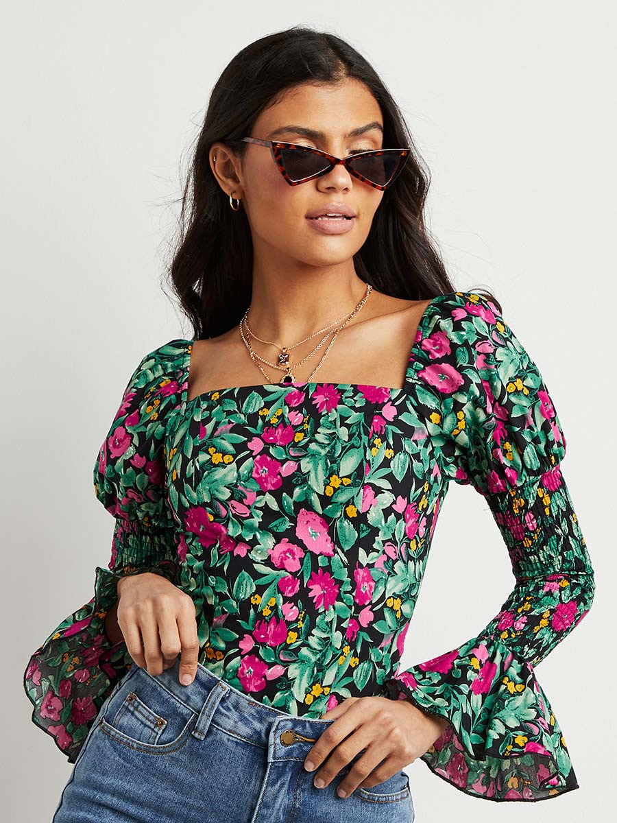 Styli Floral Print Square Neck Top with Shirred Sleeves-women-clothing-shirtsandblouses-blouses-image-2