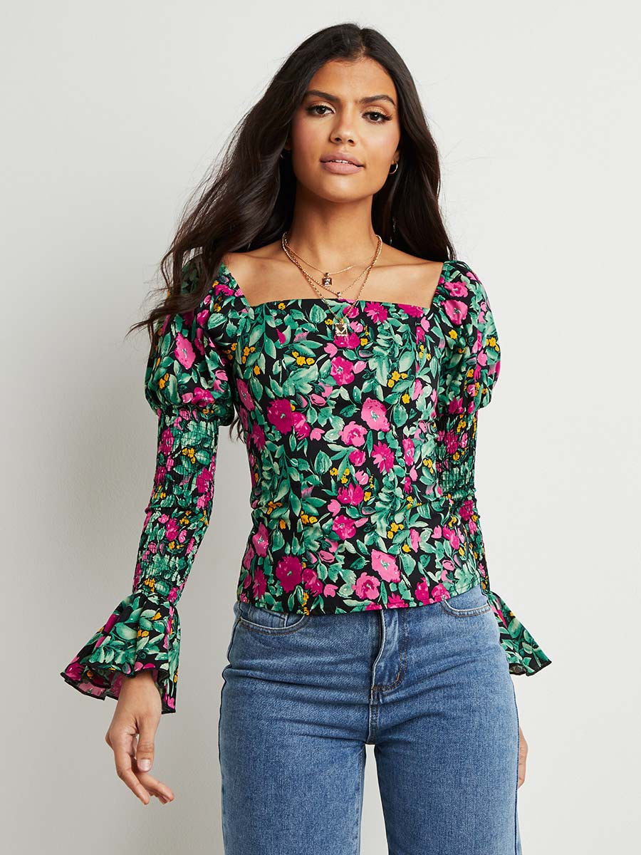 Styli Floral Print Square Neck Top with Shirred Sleeves-women-clothing-shirtsandblouses-blouses-image-3