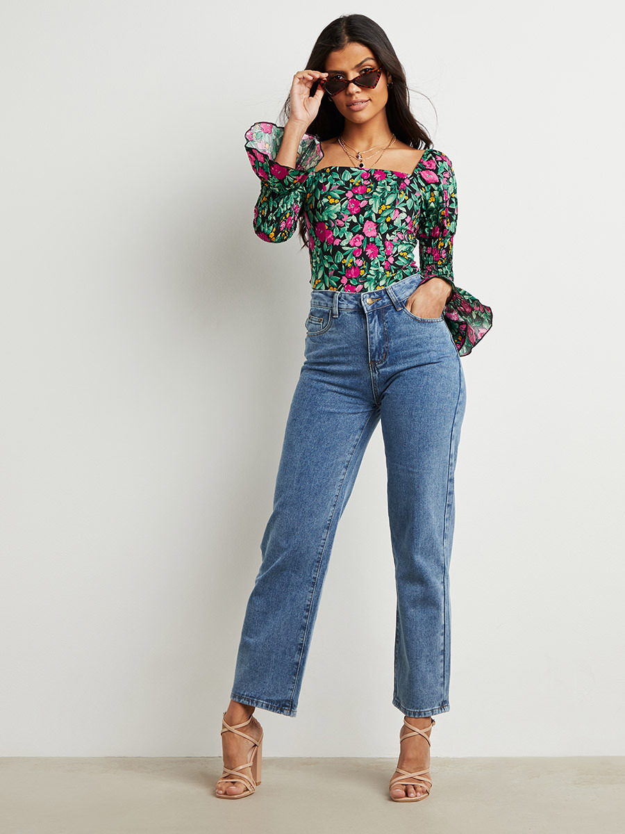 Styli Floral Print Square Neck Top with Shirred Sleeves-women-clothing-shirtsandblouses-blouses-image-4