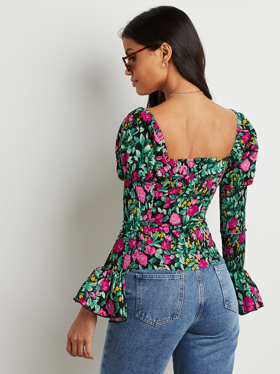 Styli Floral Print Square Neck Top with Shirred Sleeves-women-clothing-shirtsandblouses-blouses-image-5