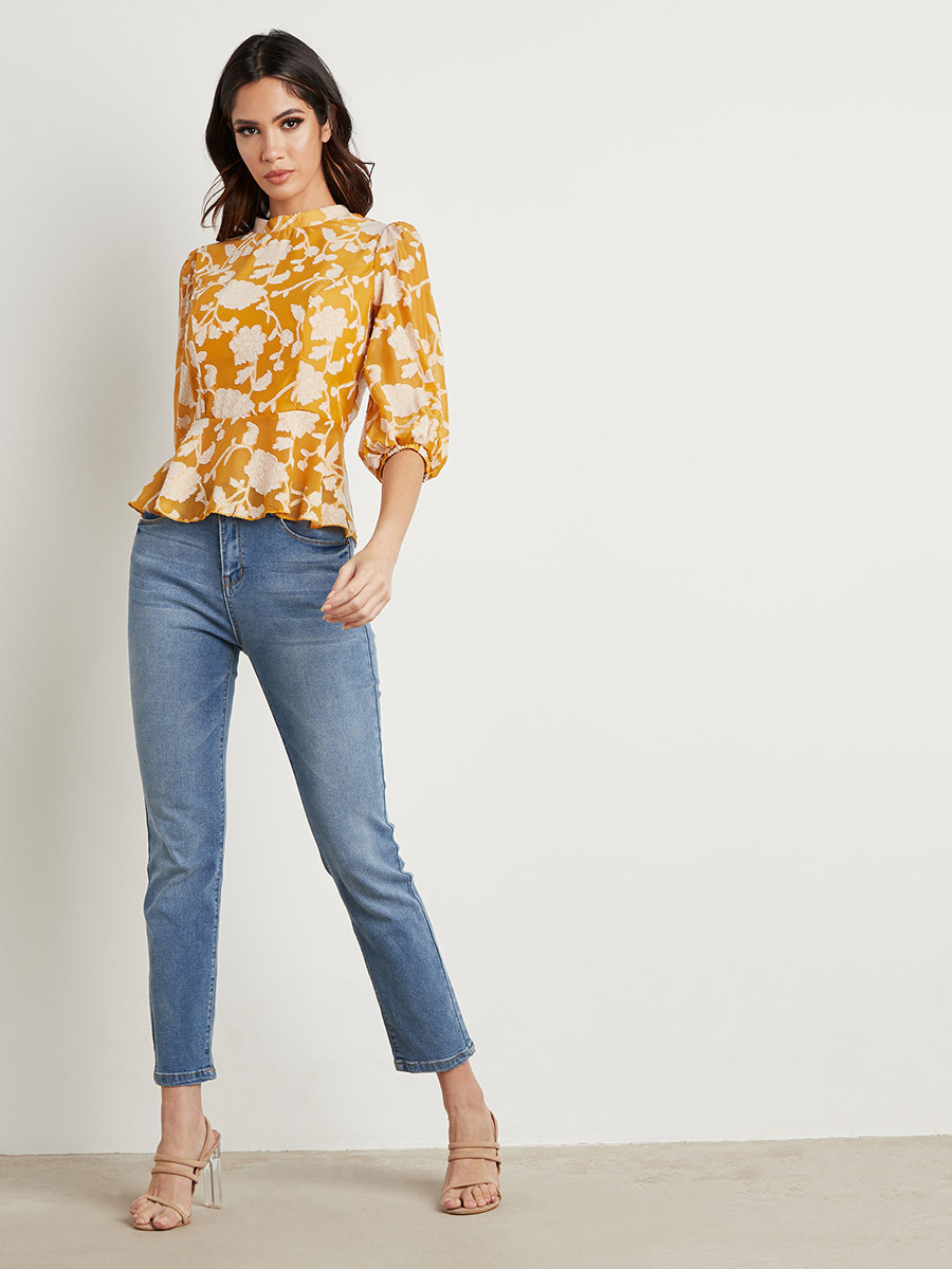 Styli Jacquard Floral Lace Up Back Peplum Top-women-clothing-shirtsandblouses-blouses-image-2