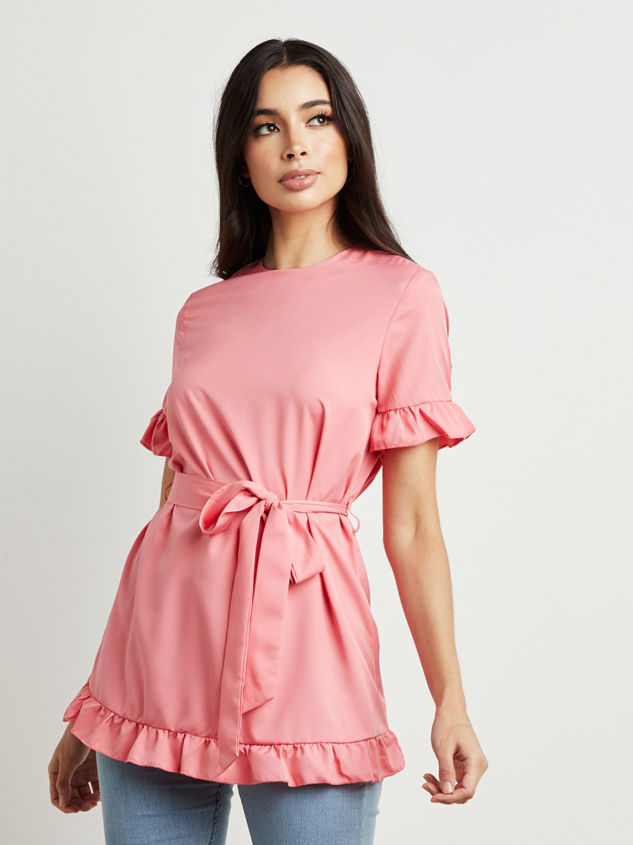 Styli Solid Frill Hem Tie Waist Tunic-women-clothing-shirtsandblouses-blouses-image-1