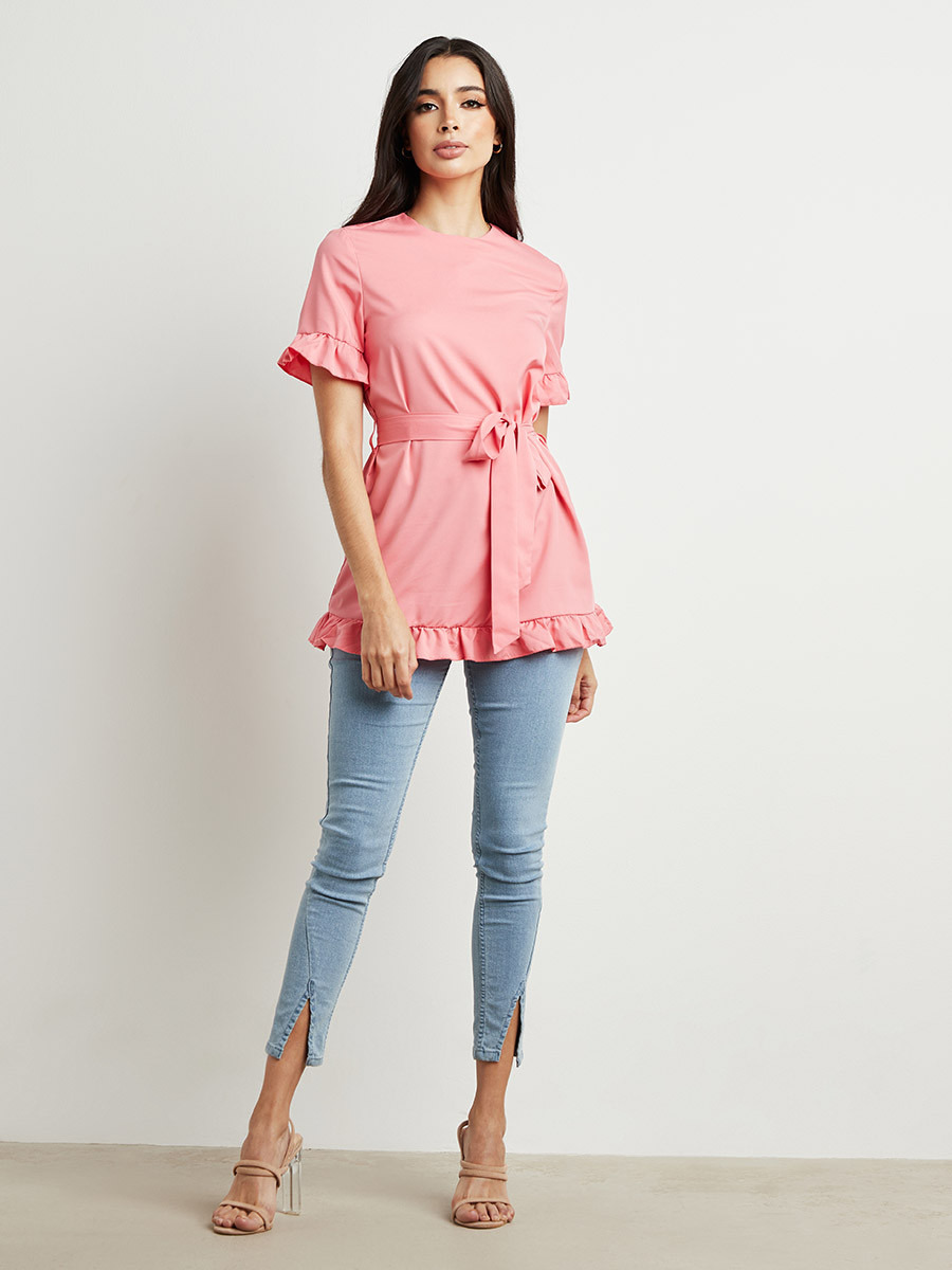 Styli Solid Frill Hem Tie Waist Tunic-women-clothing-shirtsandblouses-blouses-image-2