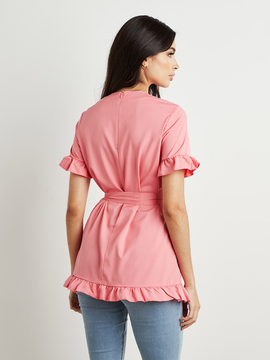 Styli Solid Frill Hem Tie Waist Tunic-women-clothing-shirtsandblouses-blouses-image-4