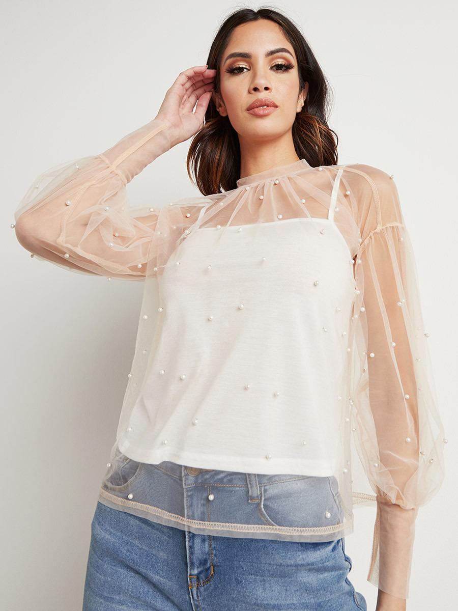 بلوزة شفافة بتفاصيل مزخرفة وأكمام طويلة من ستايلي-women-clothing-shirtsandblouses-blouses-image-1