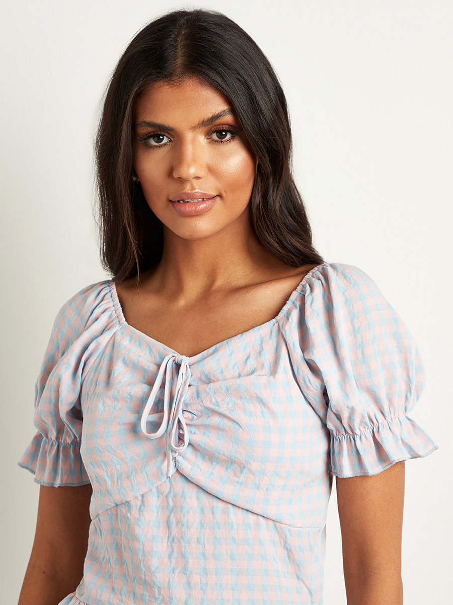Styli Checked Textured Top with Frill Hem-women-clothing-shirtsandblouses-blouses-image-3