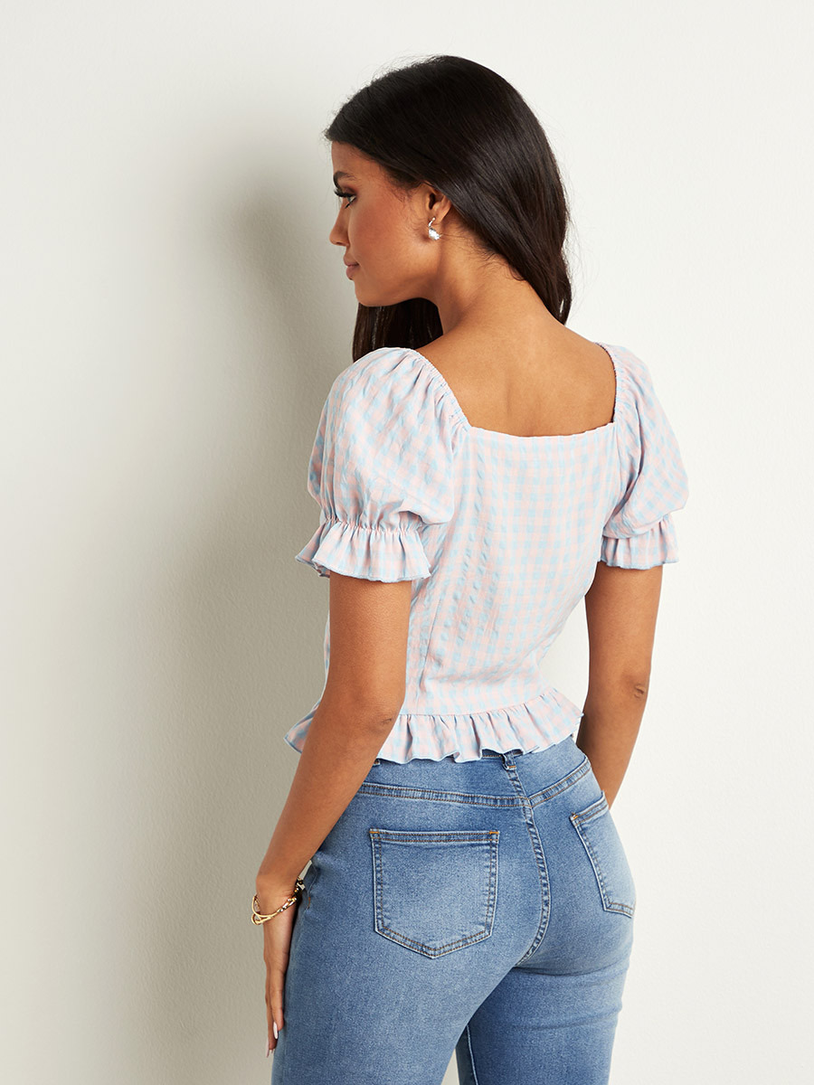 Styli Checked Textured Top with Frill Hem-women-clothing-shirtsandblouses-blouses-image-4