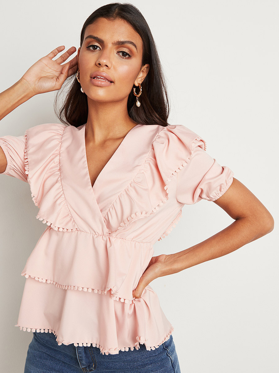 Styli Embroidered Trim Layered Top with V Neck-women-clothing-shirtsandblouses-blouses-image-1
