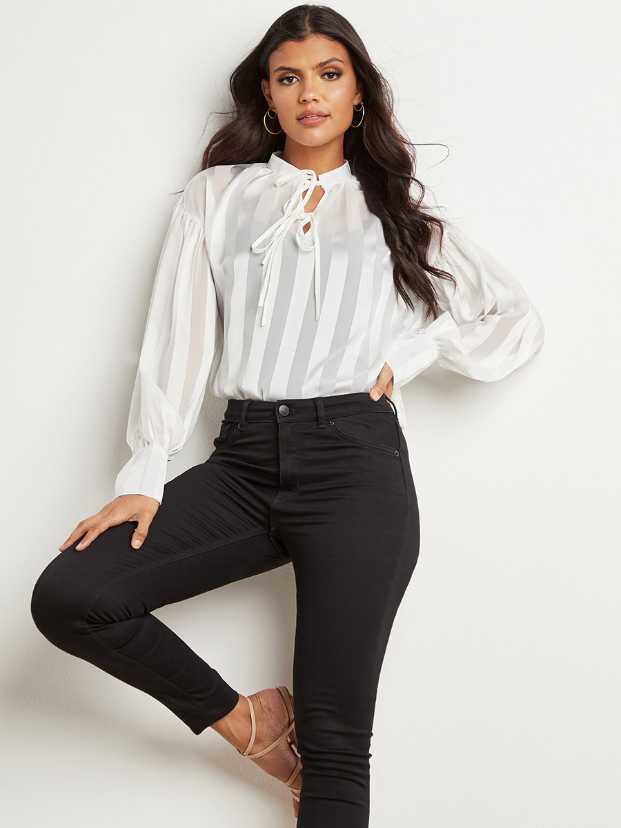 Styli Semi Sheer Striped Tie-Up Neck Blouse-women-clothing-shirtsandblouses-blouses-image-1