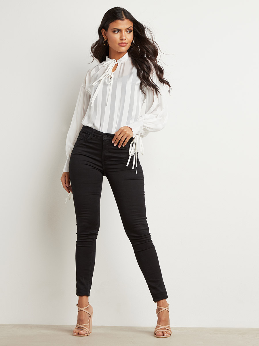 Styli Semi Sheer Striped Tie-Up Neck Blouse-women-clothing-shirtsandblouses-blouses-image-2