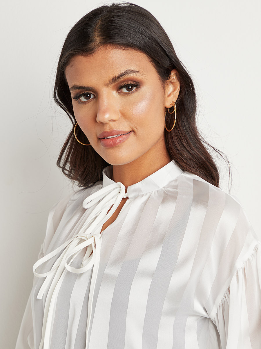 Styli Semi Sheer Striped Tie-Up Neck Blouse-women-clothing-shirtsandblouses-blouses-image-3