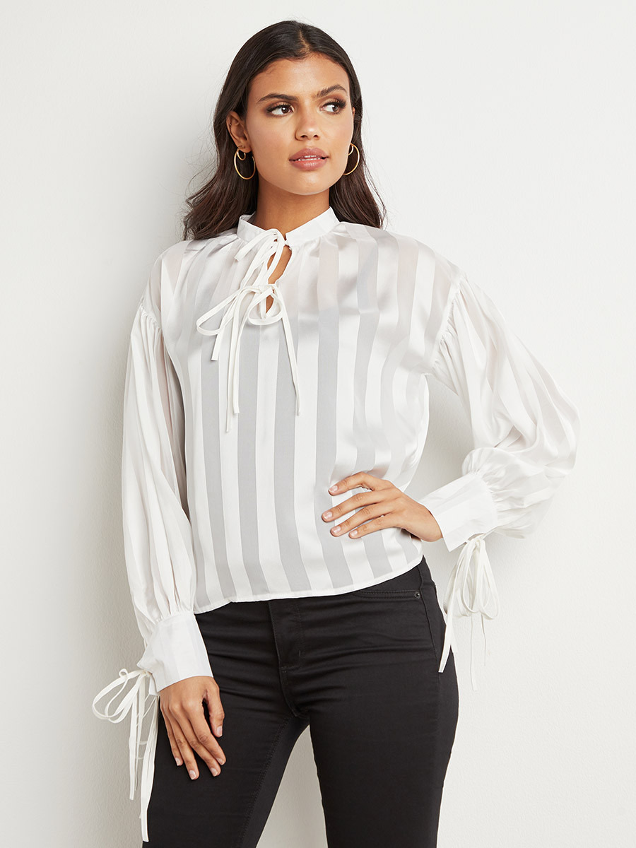 Styli Semi Sheer Striped Tie-Up Neck Blouse-women-clothing-shirtsandblouses-blouses-image-4