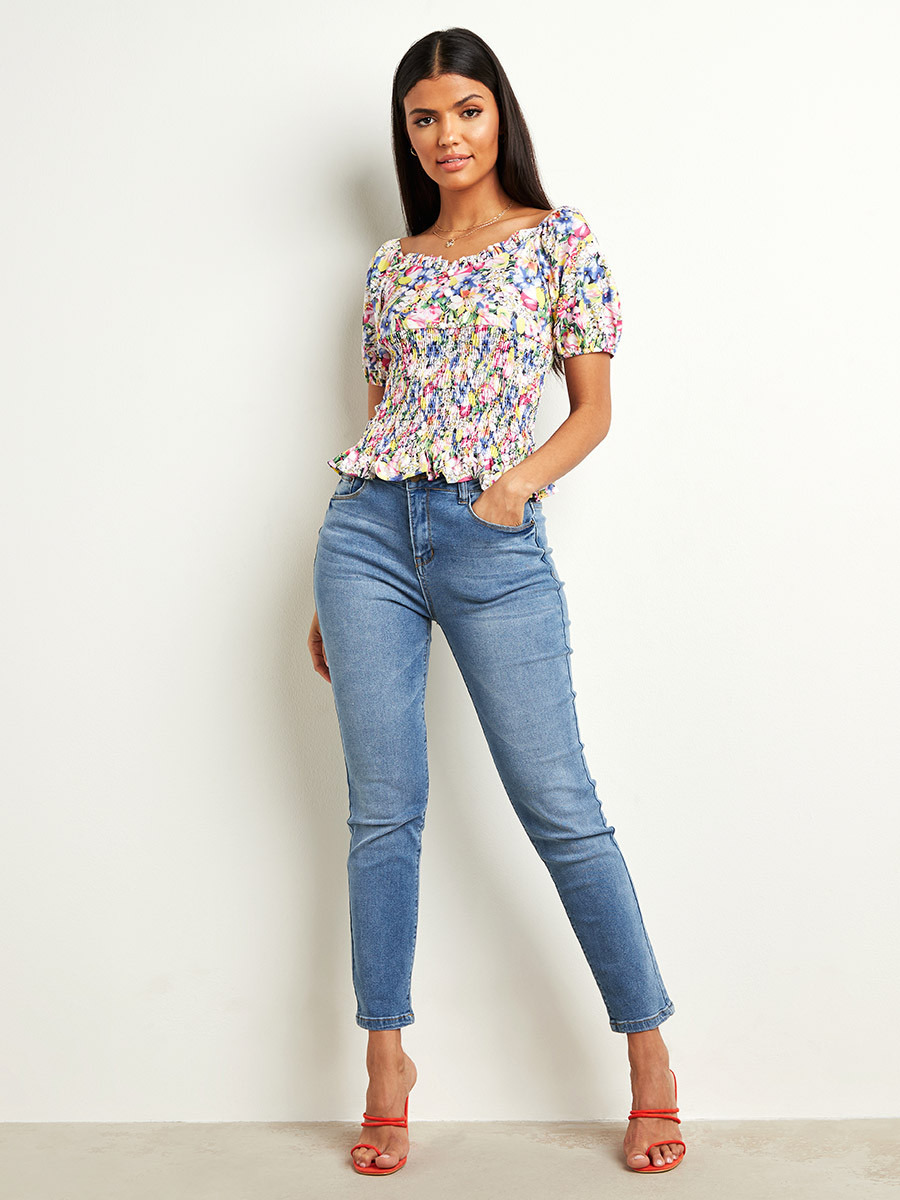 Styli Floral Printed Shirred Top with Puff Sleeves-women-clothing-shirtsandblouses-blouses-image-2