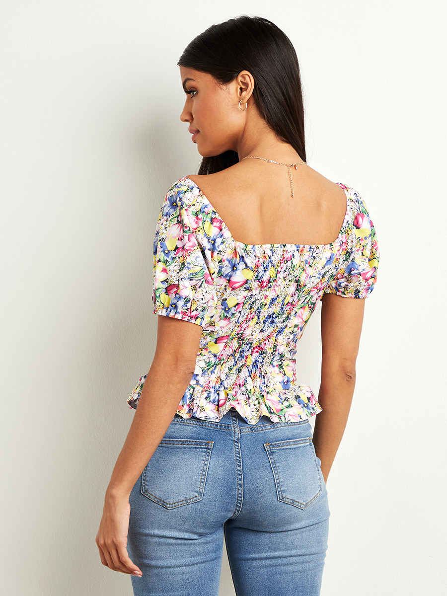 Styli Floral Printed Shirred Top with Puff Sleeves-women-clothing-shirtsandblouses-blouses-image-4