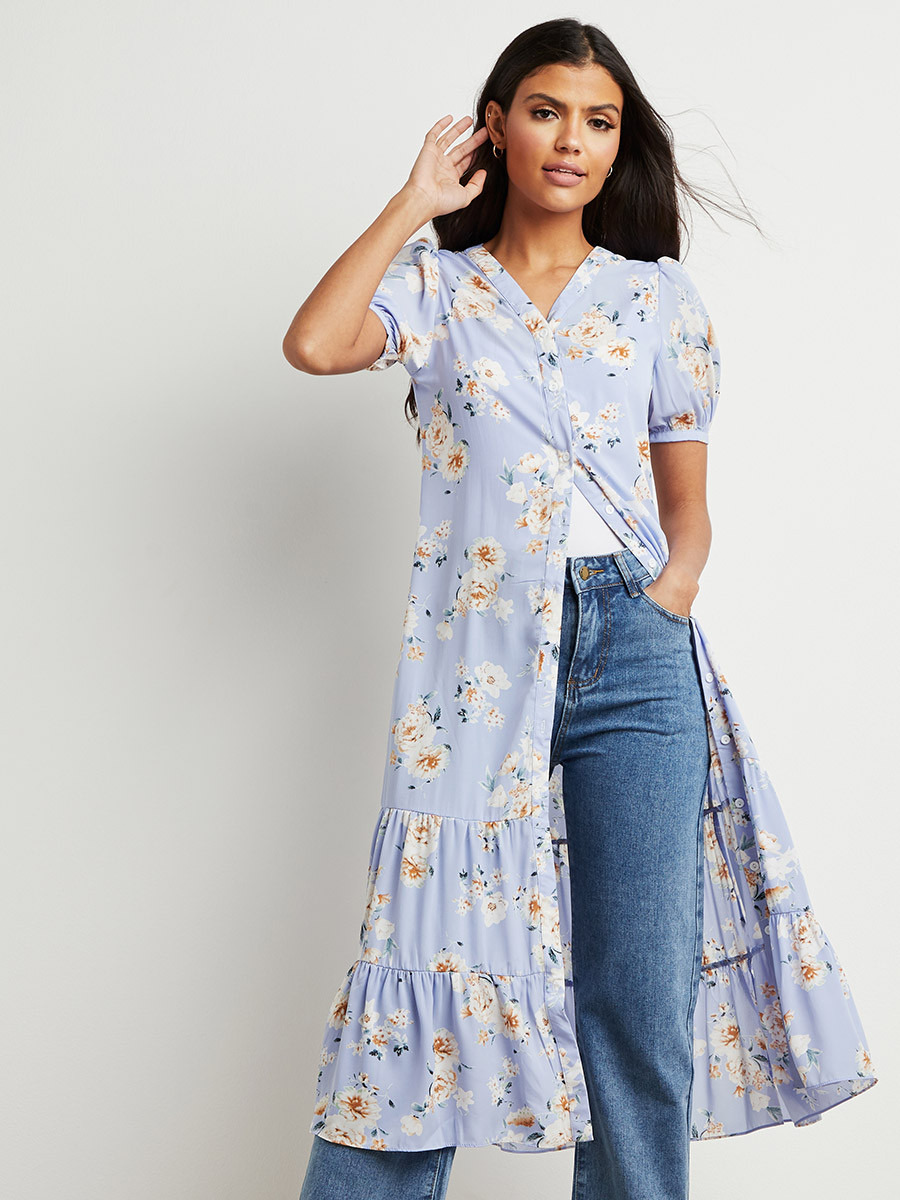 بلوزة طويلة مطبوعة بأكمام قصيرة من ستايلي-women-clothing-shirtsandblouses-blouses-image-1