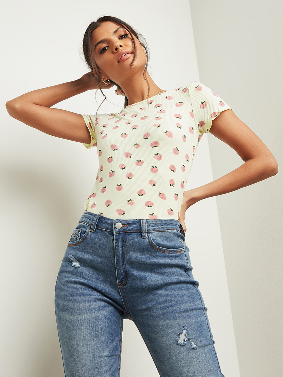 تيشيرت مضلع ومطبوع بأكمام قصيرة من ستايلي-women-clothing-tshirts-image-1