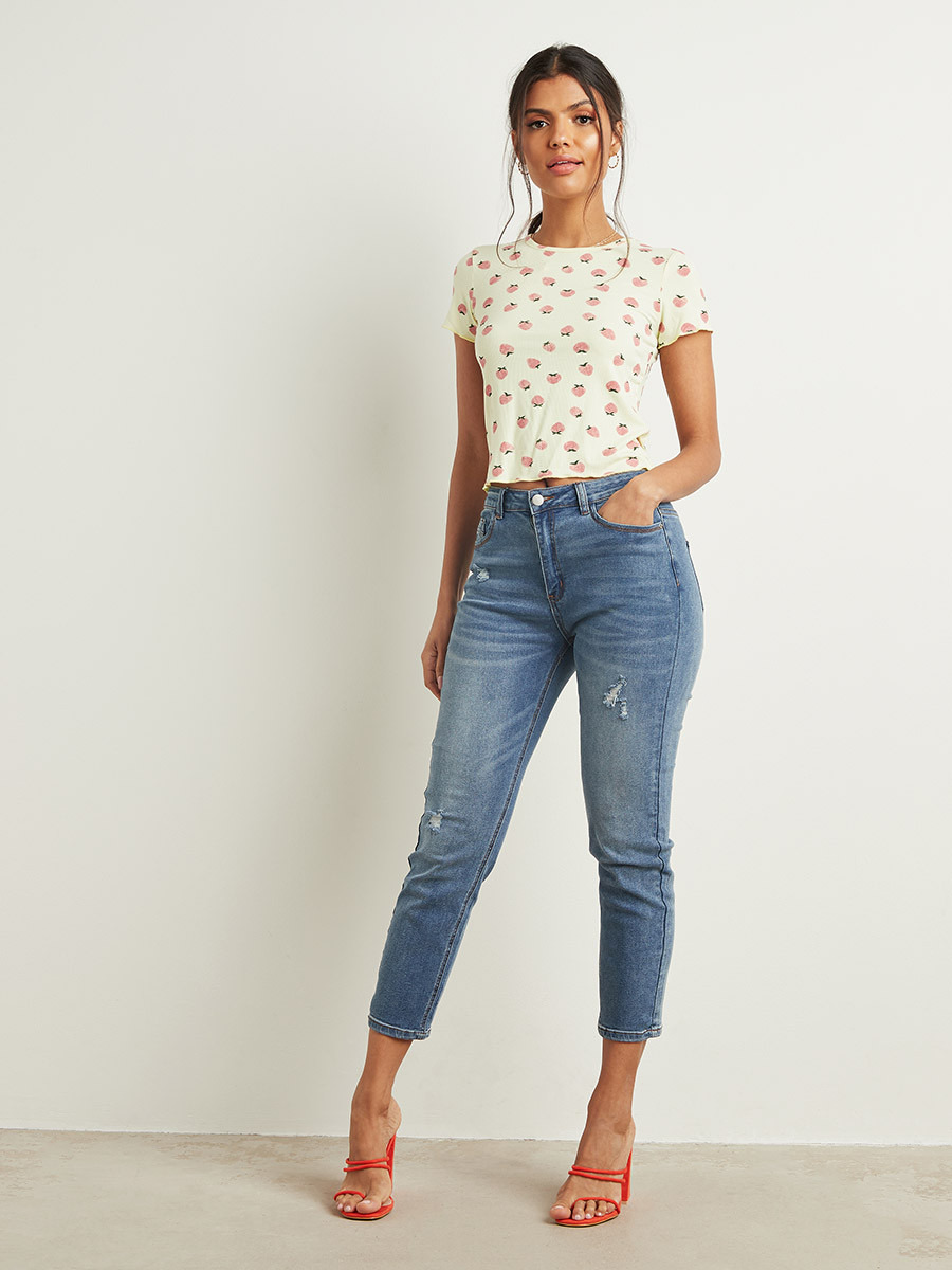 تيشيرت مضلع ومطبوع بأكمام قصيرة من ستايلي-women-clothing-tshirts-image-2