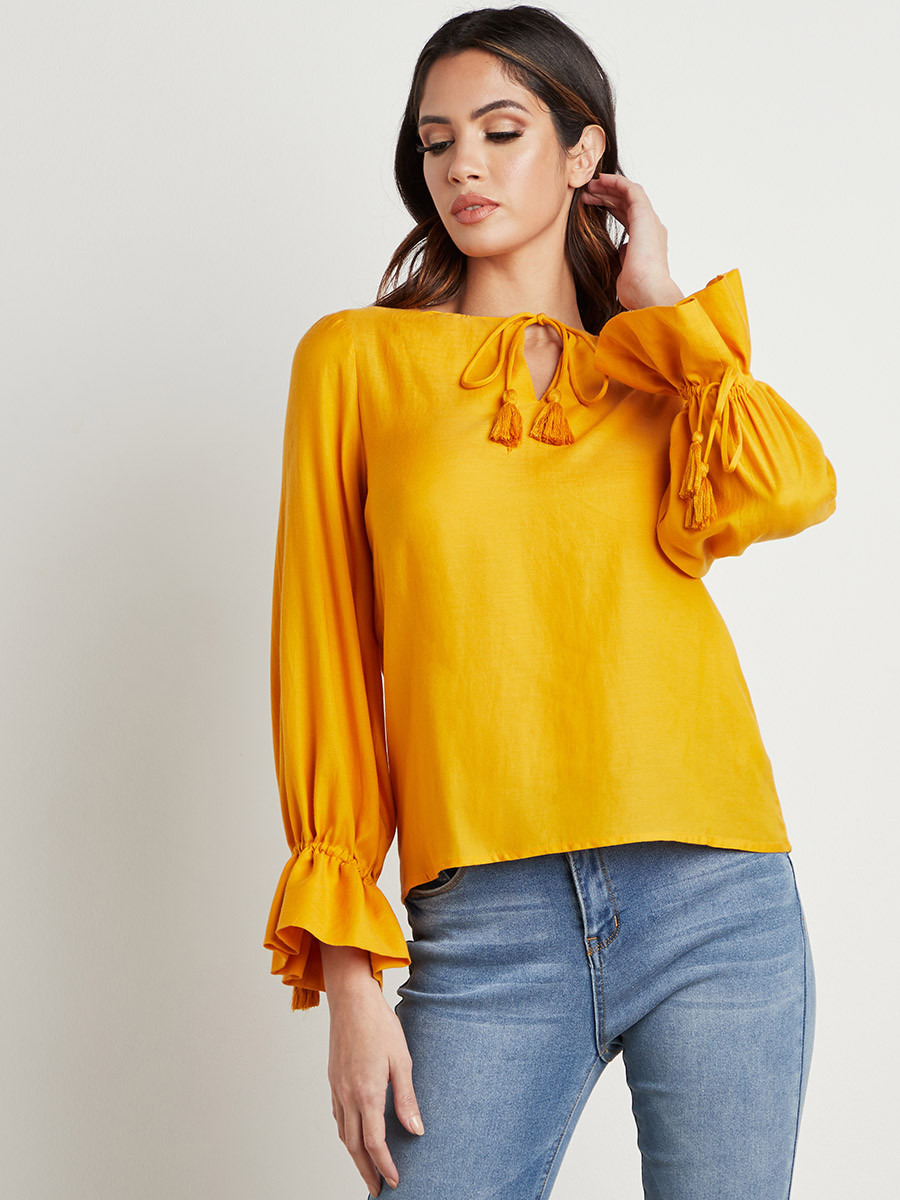 Styli Ruched Cuff Sleeves Top with Tie-Up Neck-women-clothing-shirtsandblouses-blouses-image-1