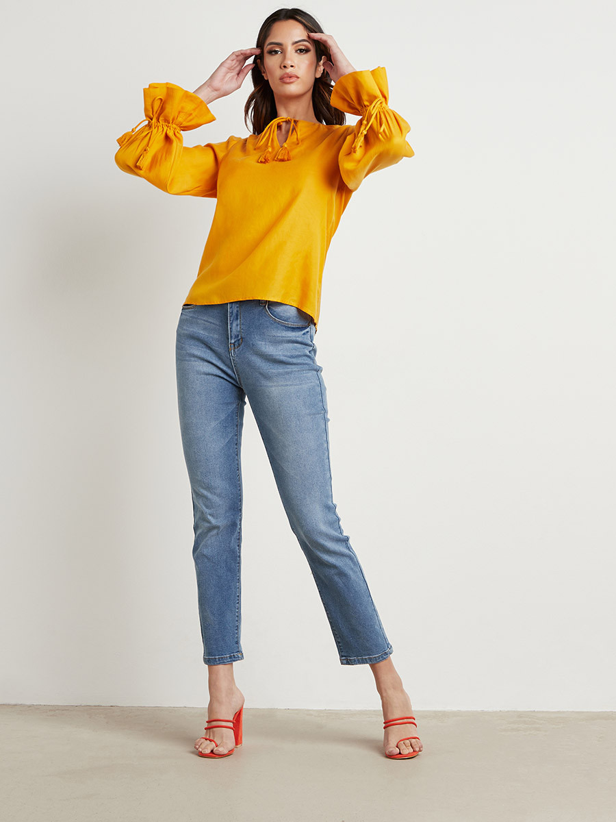 Styli Ruched Cuff Sleeves Top with Tie-Up Neck-women-clothing-shirtsandblouses-blouses-image-2