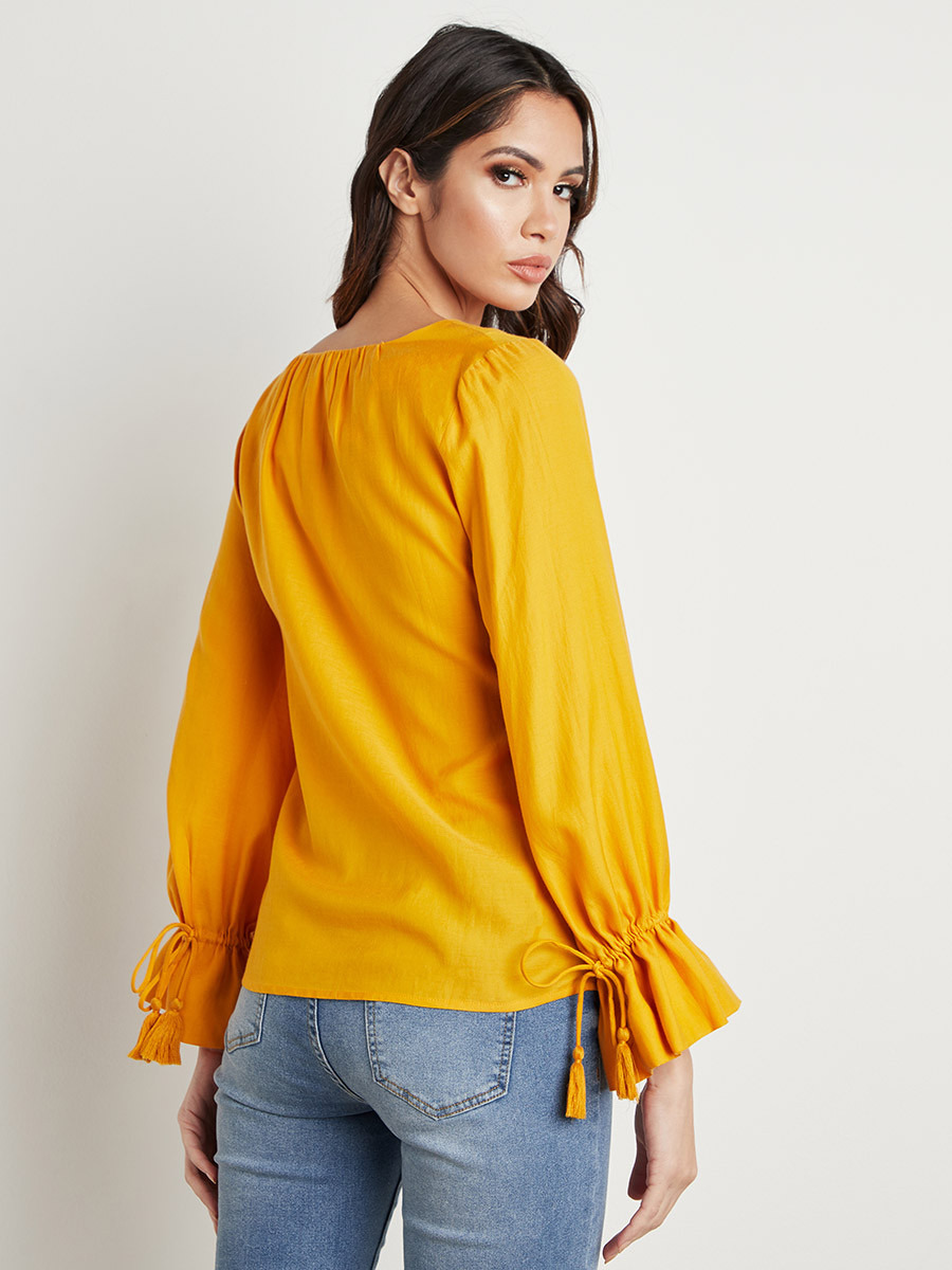 Styli Ruched Cuff Sleeves Top with Tie-Up Neck-women-clothing-shirtsandblouses-blouses-image-3