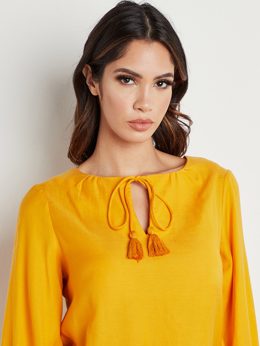 Styli Ruched Cuff Sleeves Top with Tie-Up Neck-women-clothing-shirtsandblouses-blouses-image-4