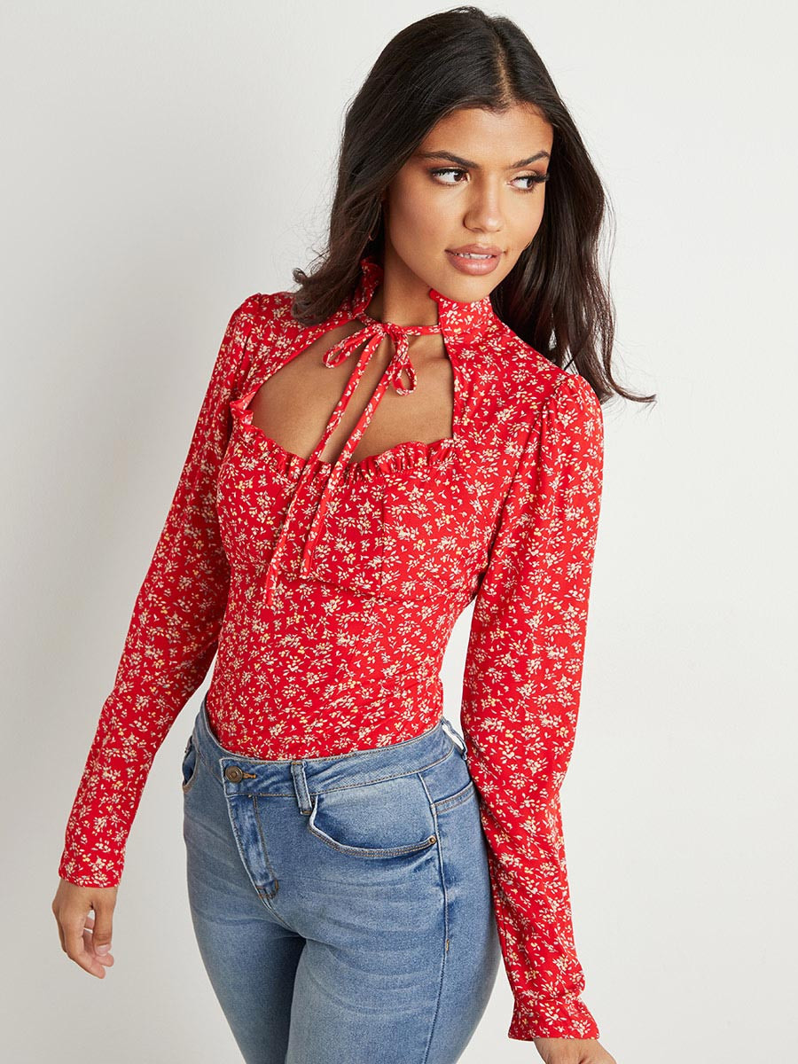 Styli Tie-Up Neck Cut Out Detail Printed Top-women-clothing-shirtsandblouses-blouses-image-1