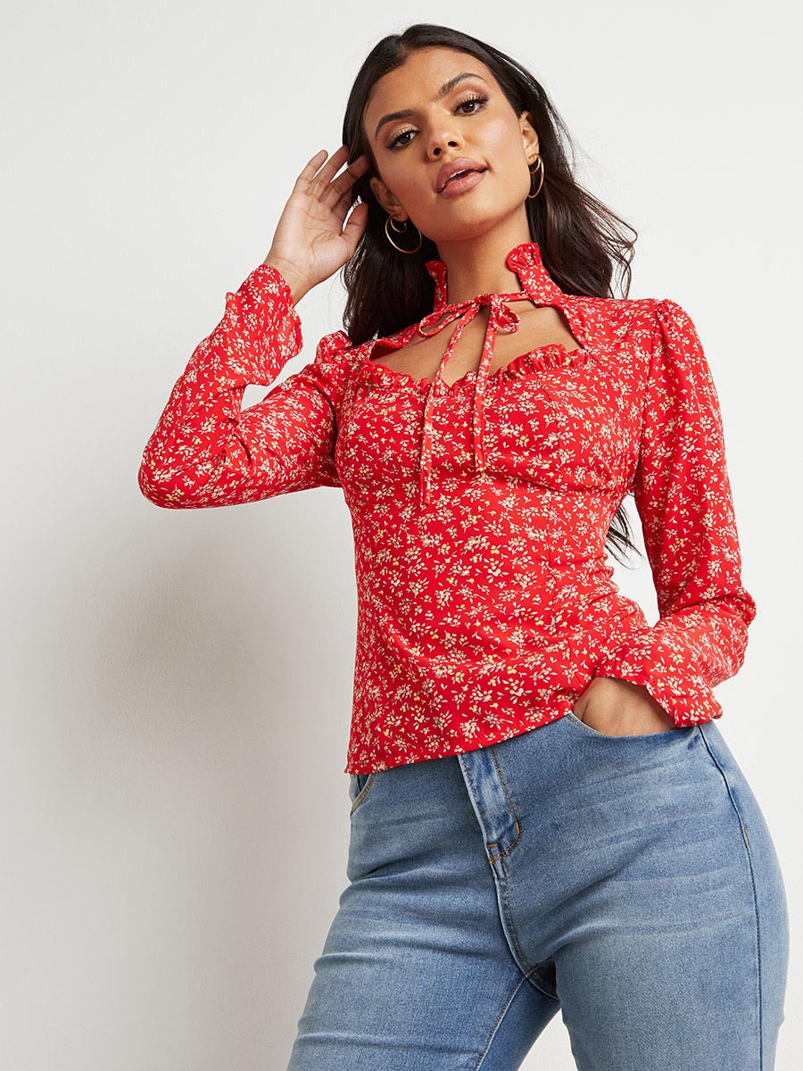 Styli Tie-Up Neck Cut Out Detail Printed Top-women-clothing-shirtsandblouses-blouses-image-5