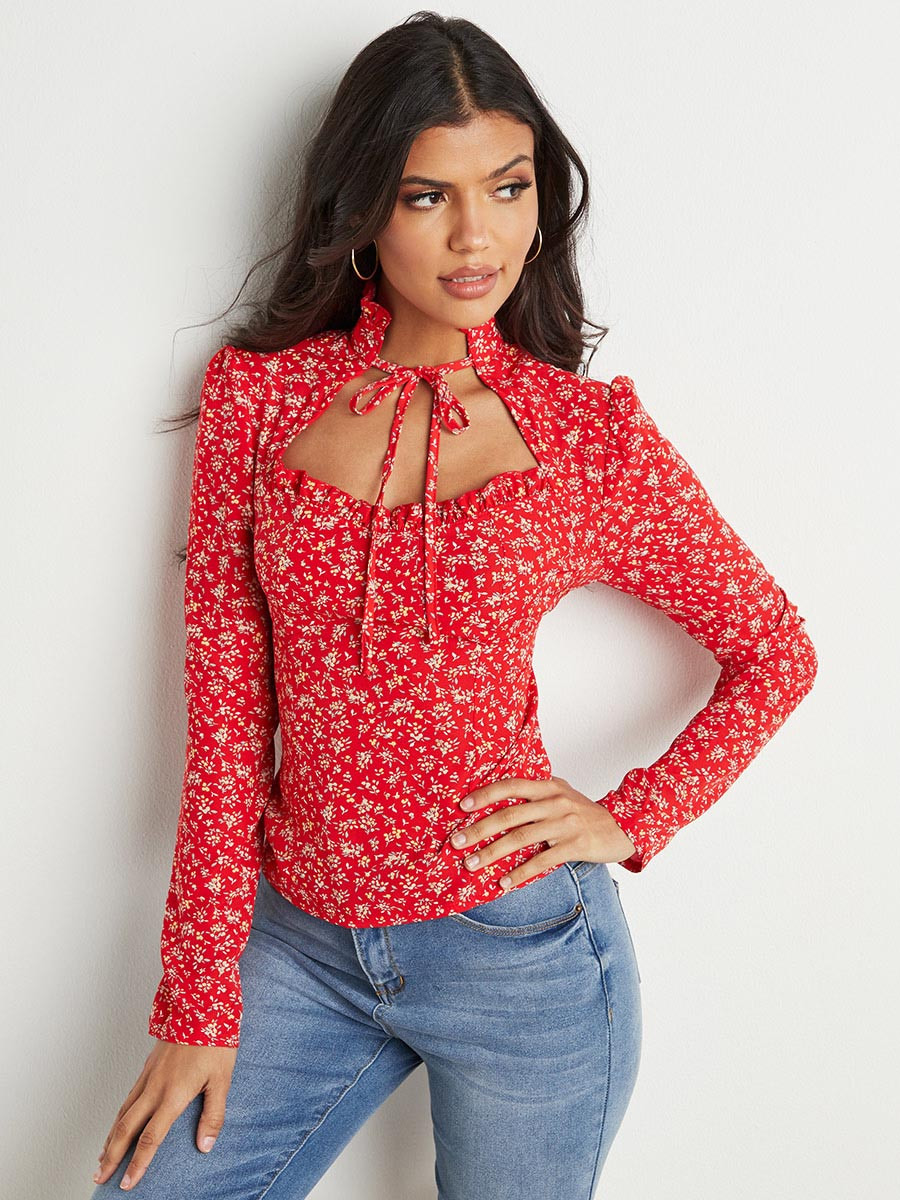 Styli Tie-Up Neck Cut Out Detail Printed Top-women-clothing-shirtsandblouses-blouses-image-6