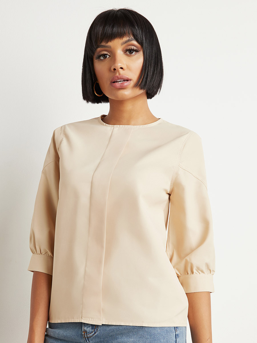 Styli Plain 3/4 Sleeves Top with Placket Detail-women-clothing-shirtsandblouses-blouses-image-1