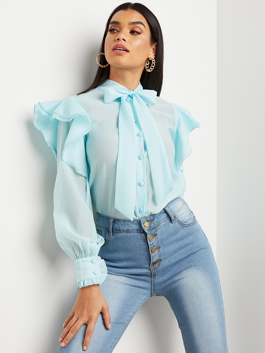 Styli Oversized Frill Sleeves Detail Tie-Up Neck Blouse-women-clothing-shirtsandblouses-blouses-image-1