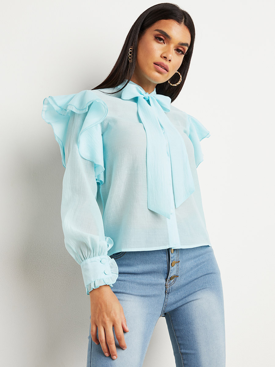 Styli Oversized Frill Sleeves Detail Tie-Up Neck Blouse-women-clothing-shirtsandblouses-blouses-image-3