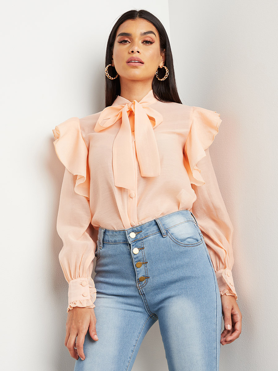 Styli Oversized Frill Sleeves Detail Tie-Up Neck Blouse-women-clothing-shirtsandblouses-blouses-image-1